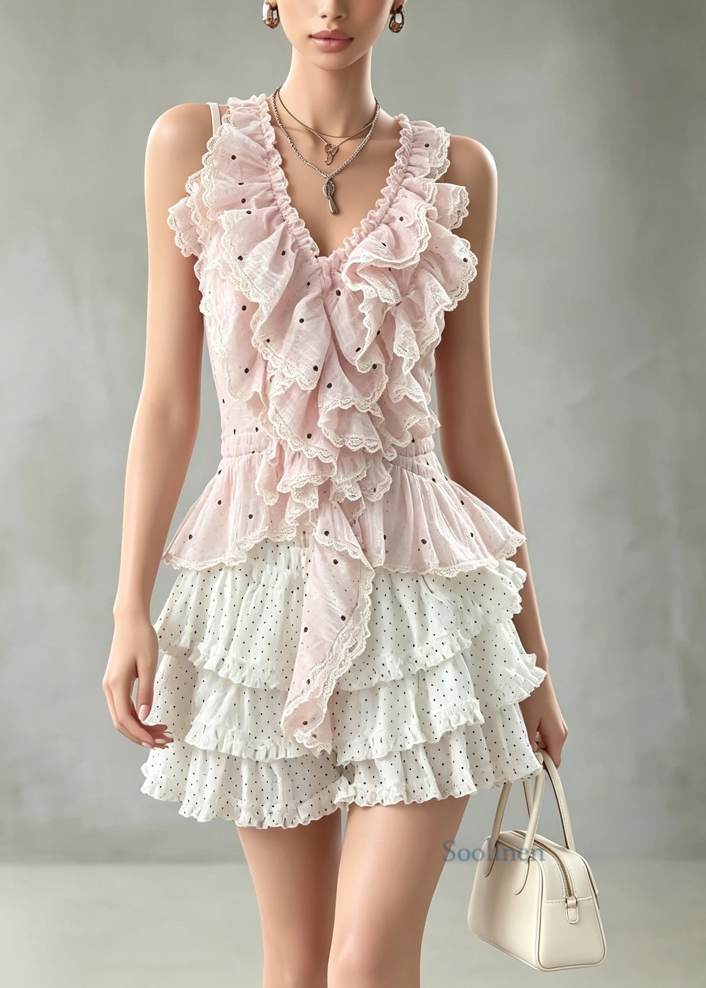 Cute Pink Ruffled Top And White Skirts Cotton Two Pieces Set Summer