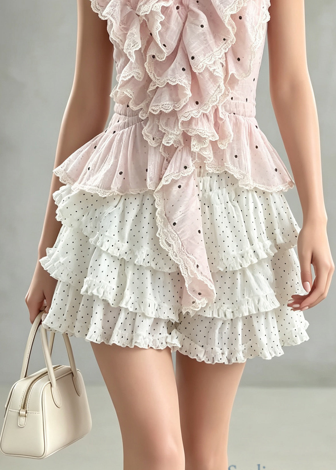 Cute Pink Ruffled Top And White Skirts Cotton Two Pieces Set Summer