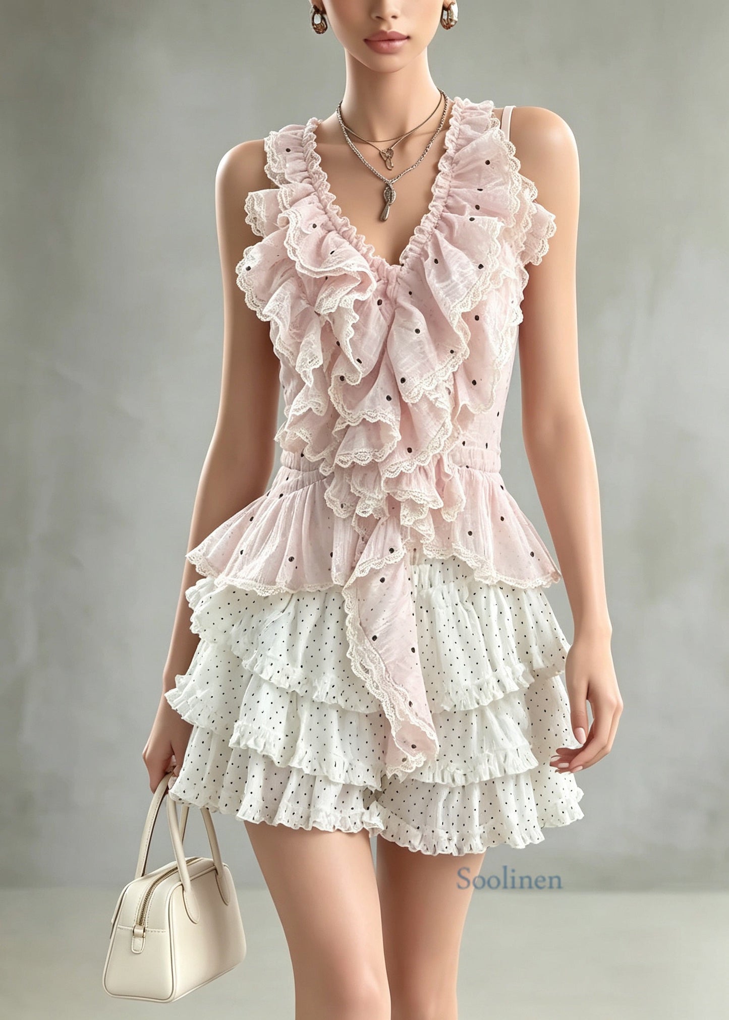 Cute Pink Ruffled Top And White Skirts Cotton Two Pieces Set Summer