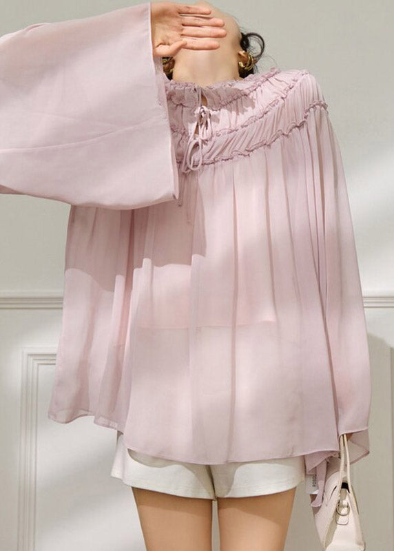 Cute Pink Ruffled Wrinkled Chiffon Tops Batwing Sleeve