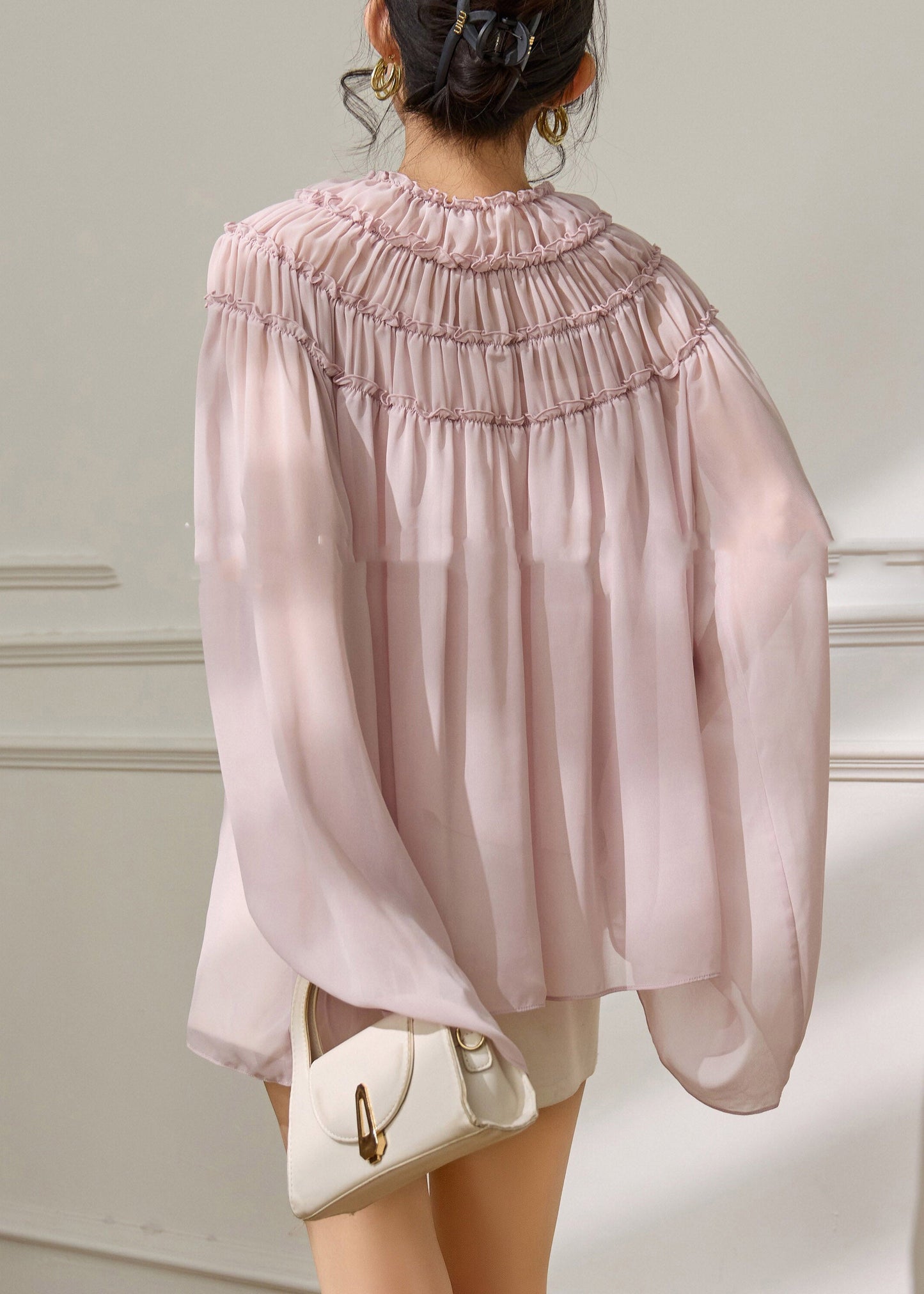 Cute Pink Ruffled Wrinkled Chiffon Tops Batwing Sleeve