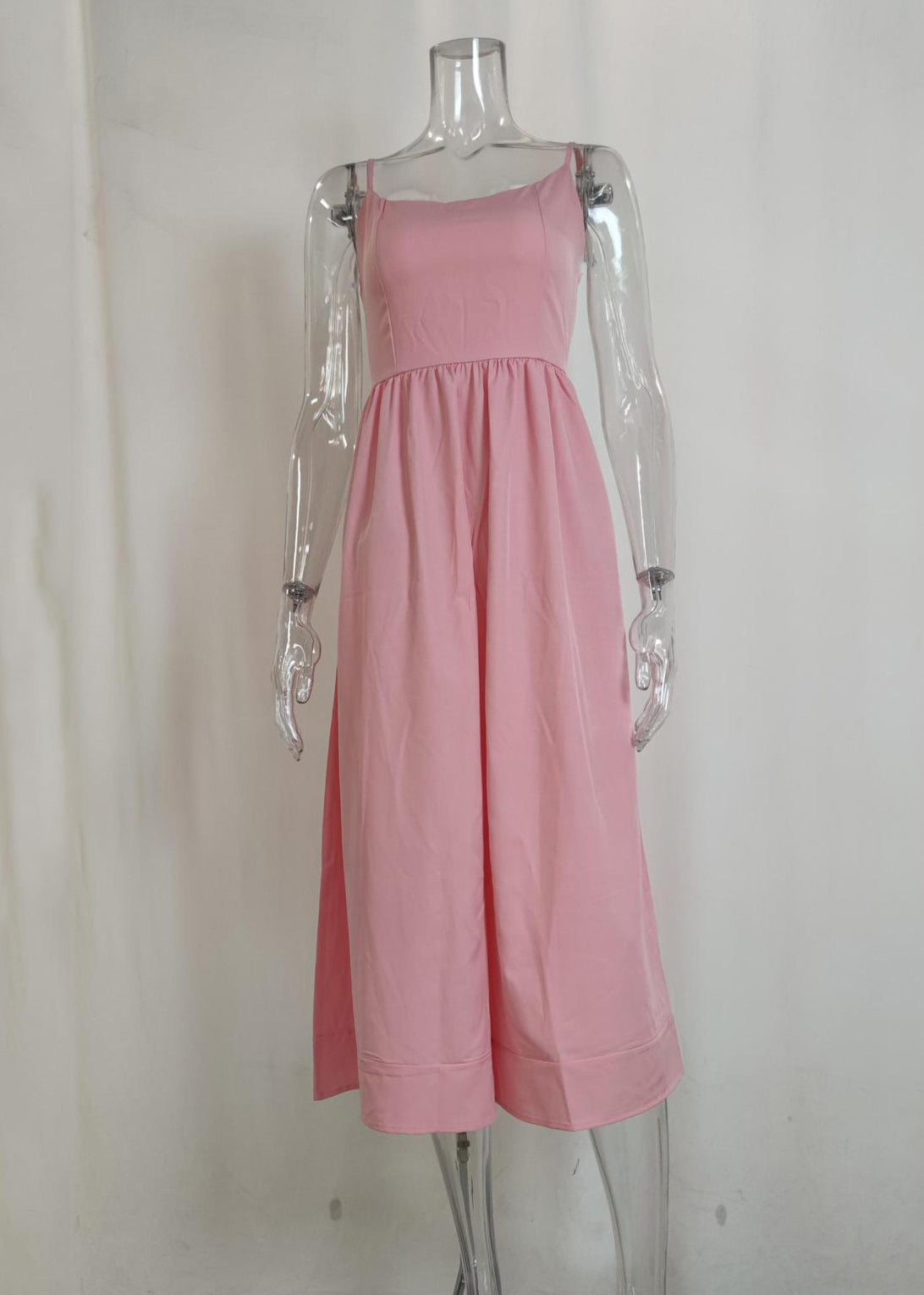Süßes rosa Patchwork-Maxikleid mit Spaghettiträgern und Schlitz am Hals, ärmellos
