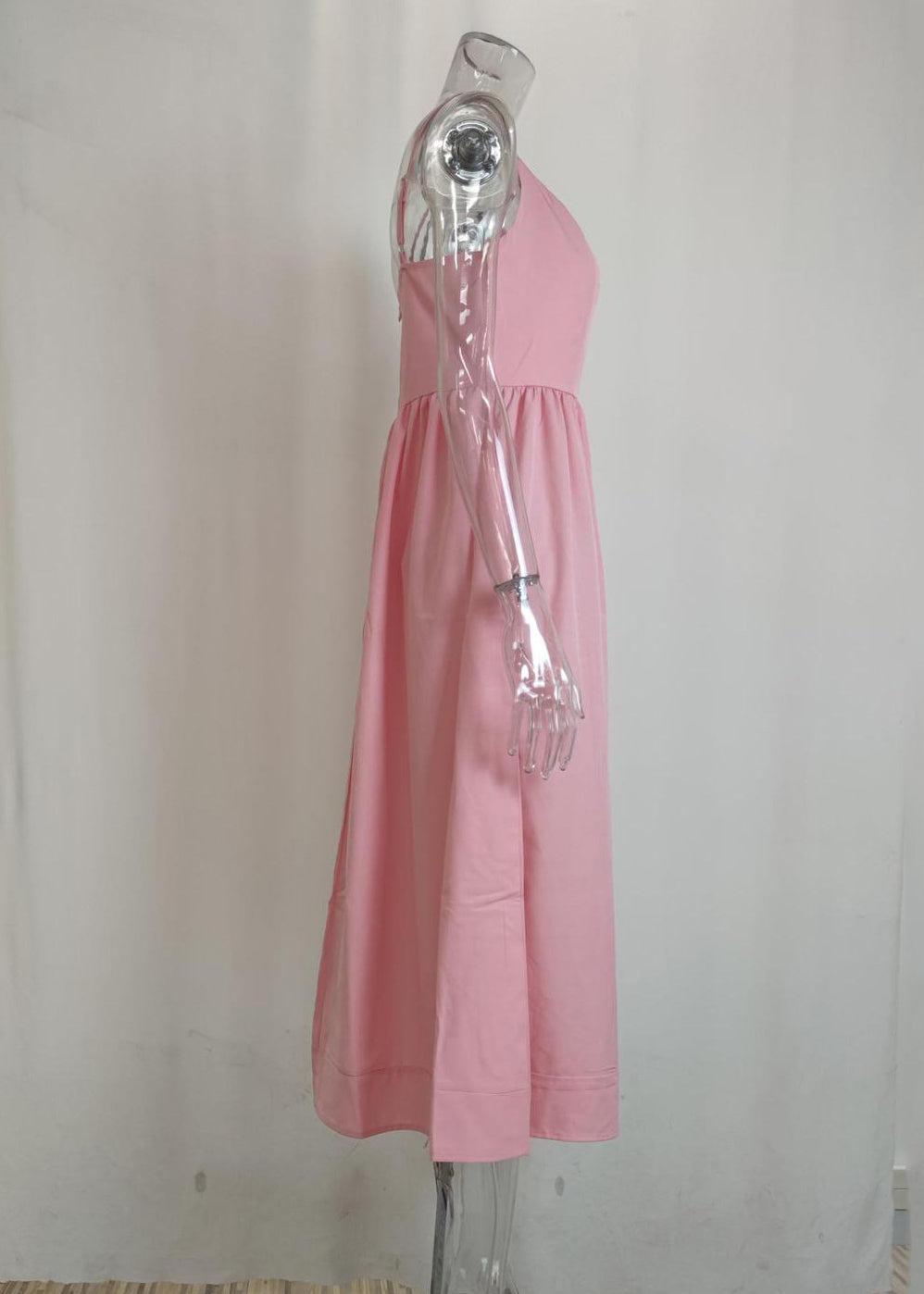 Süßes rosa Patchwork-Maxikleid mit Spaghettiträgern und Schlitz am Hals, ärmellos