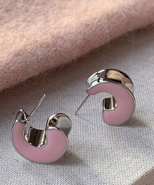 Cute Pink Sterling Silver C-Shaped Drip Glaze Hoop Earrings