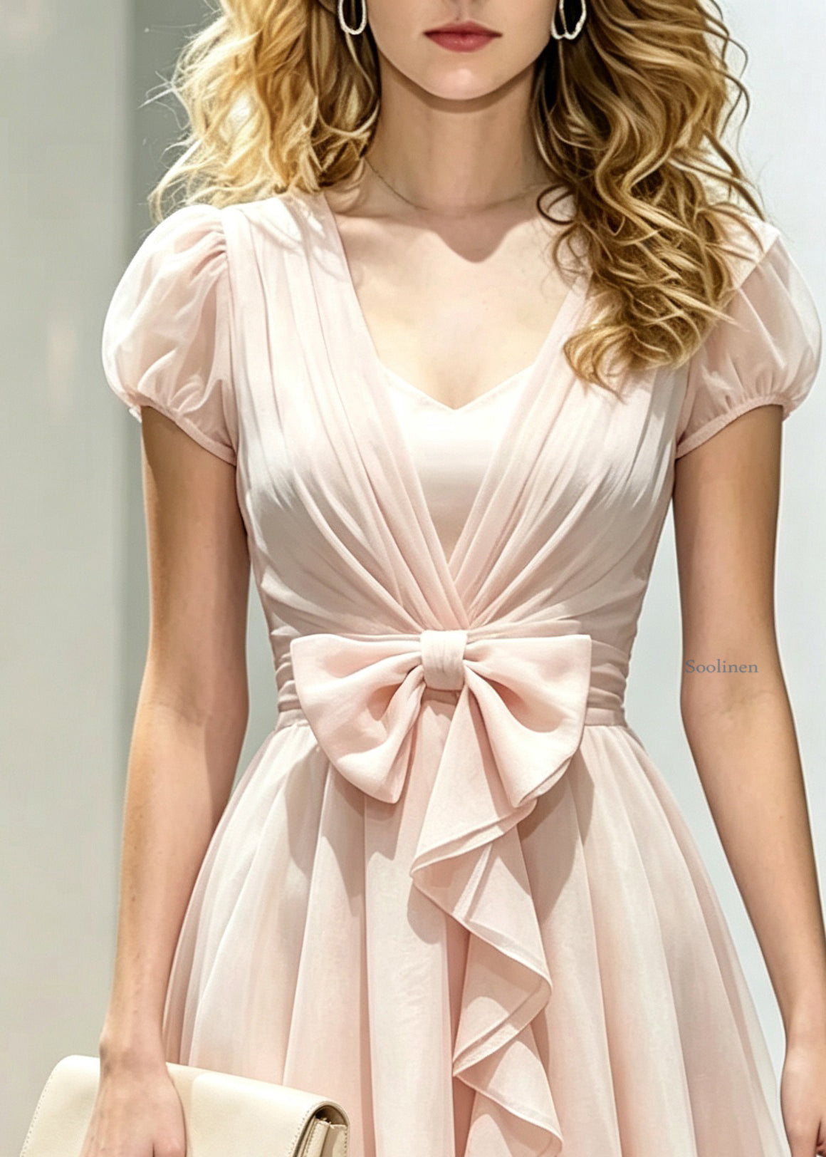 Cute Pink V Neck Cinched Silk Mid Dress Puff Sleeve