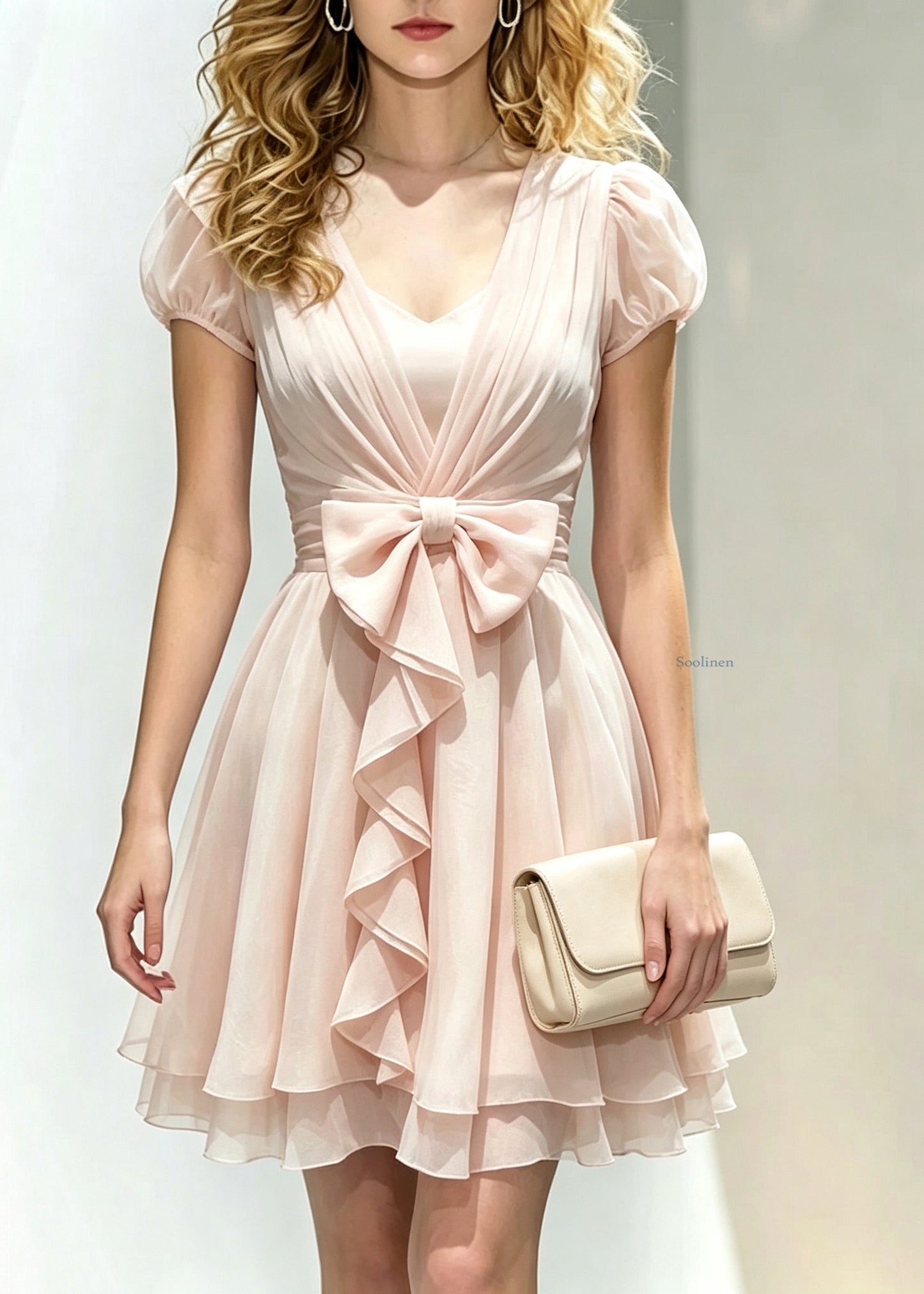 Cute Pink V Neck Cinched Silk Mid Dress Puff Sleeve