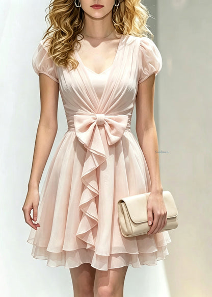 Cute Pink V Neck Cinched Silk Mid Dress Puff Sleeve