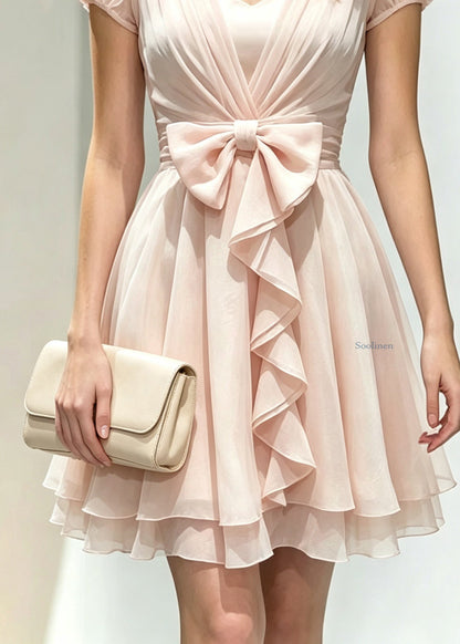 Cute Pink V Neck Cinched Silk Mid Dress Puff Sleeve