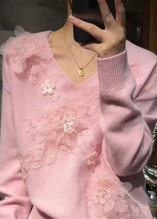 Suéteres de punto de algodón con cuello en V, flores y cuentas en color rosa para primavera.