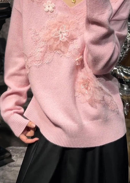 Suéteres de punto de algodón con cuello en V, flores y cuentas en color rosa para primavera.