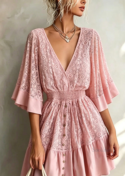 Cute Pink V Neck Patchwork Lace Mid Dress Summer