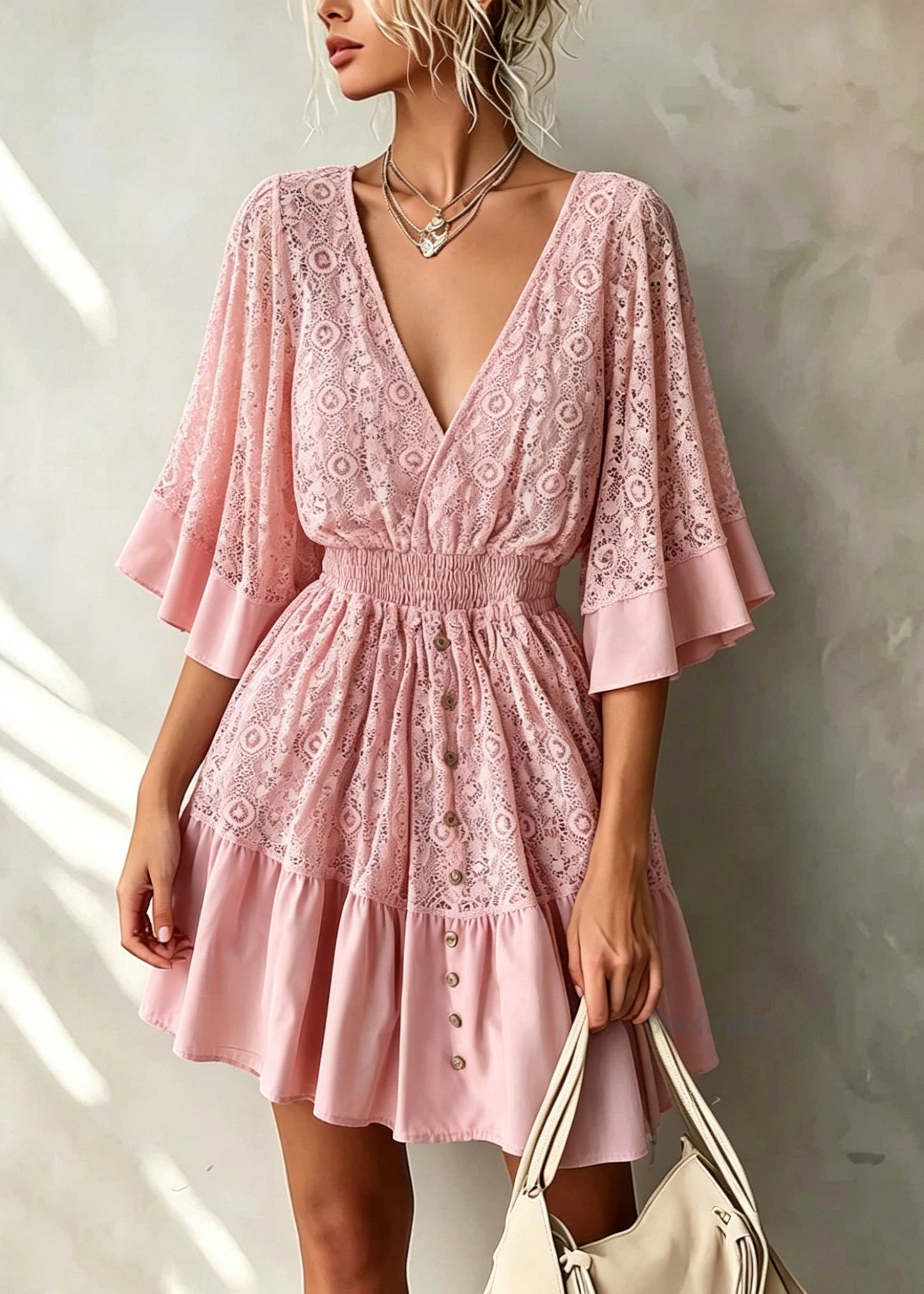 Cute Pink V Neck Patchwork Lace Mid Dress Summer
