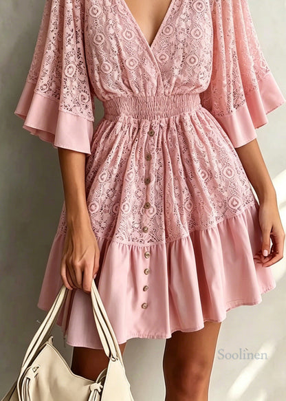 Cute Pink V Neck Patchwork Lace Mid Dress Summer