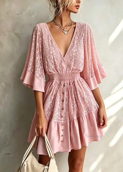 Cute Pink V Neck Patchwork Lace Mid Dress Summer