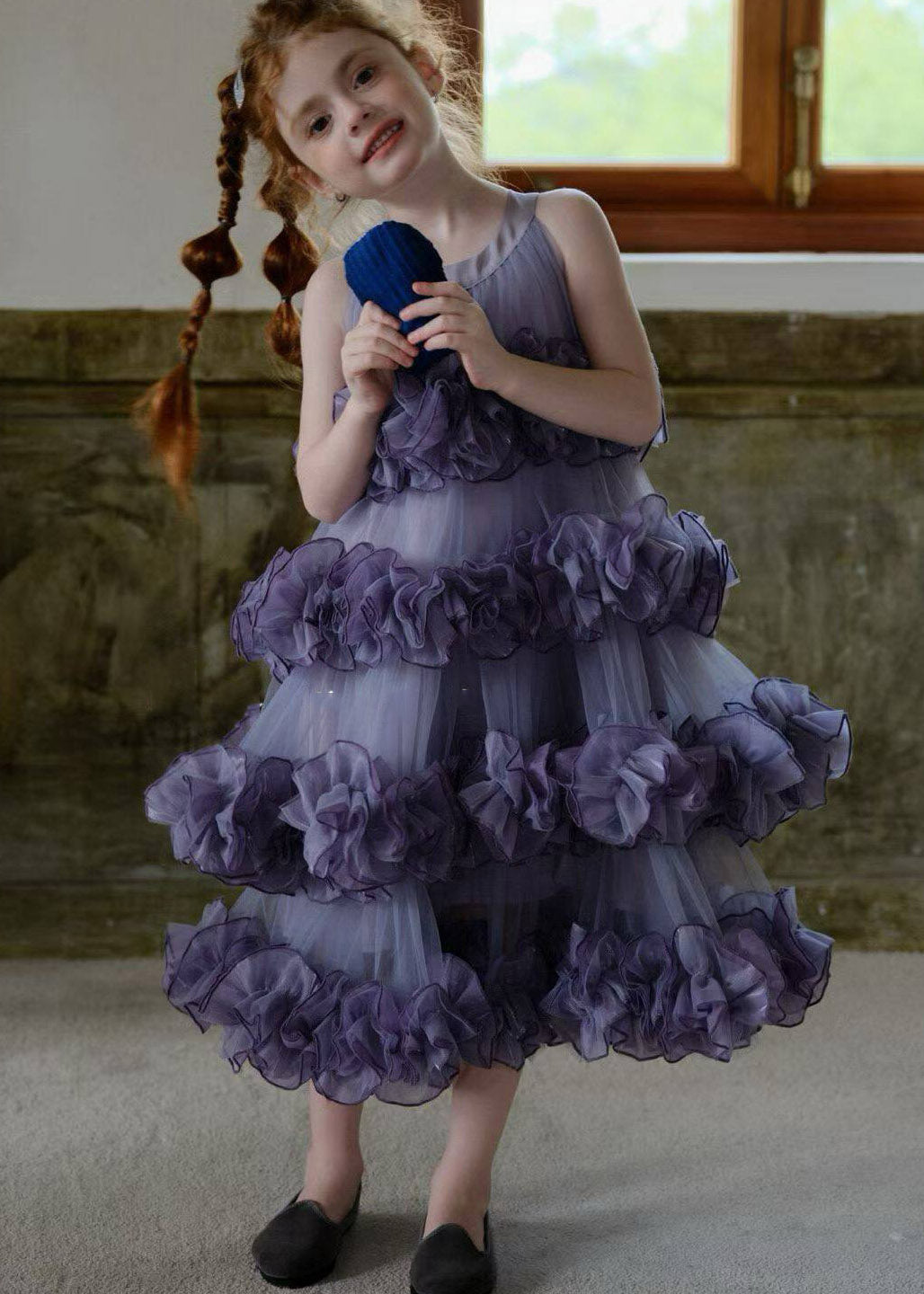 Cute Purple Floral Patchwork Tulle Kids Long Dress Sleeveless