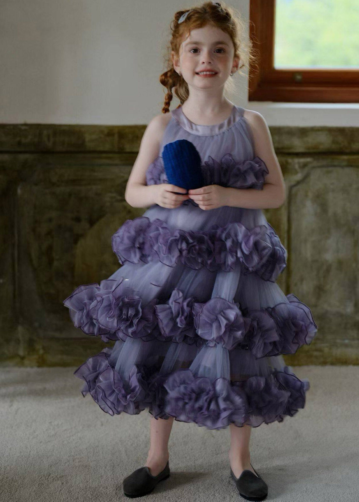 Cute Purple Floral Patchwork Tulle Kids Long Dress Sleeveless