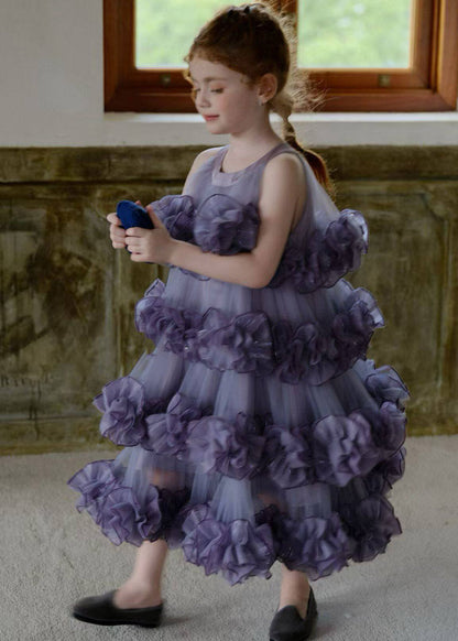 Cute Purple Floral Patchwork Tulle Kids Long Dress Sleeveless
