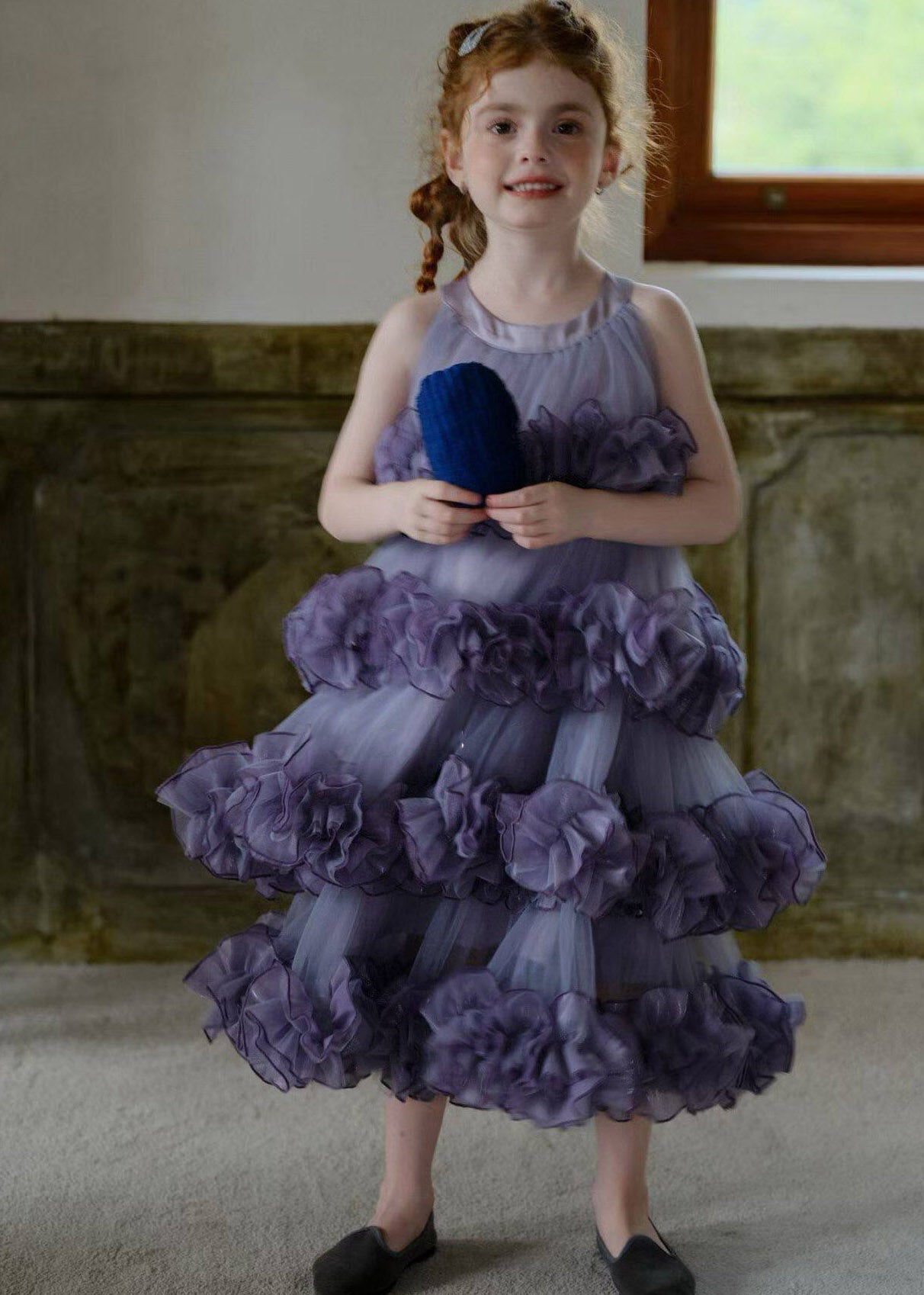 Cute Purple Floral Patchwork Tulle Kids Long Dress Sleeveless