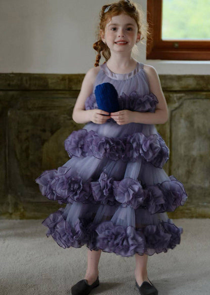 Cute Purple Floral Patchwork Tulle Kids Long Dress Sleeveless
