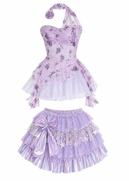 Cute Purple Hanging Asymmetrical Suspender Lace Sequin Puffy Skirt Set