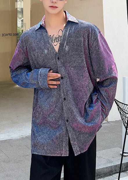 Cute Purple Oversized Print Cotton Men's Workwear Shirts Fall