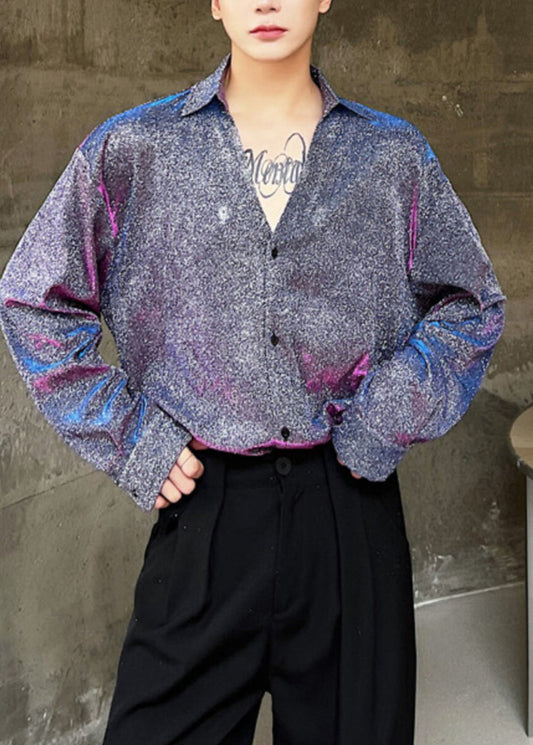 Cute Purple Oversized Print Cotton Men's Workwear Shirts Fall