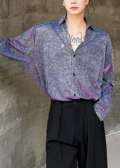 Cute Purple Oversized Print Cotton Men's Workwear Shirts Fall