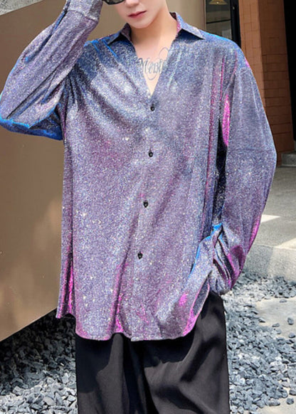 Cute Purple Oversized Print Cotton Men's Workwear Shirts Fall