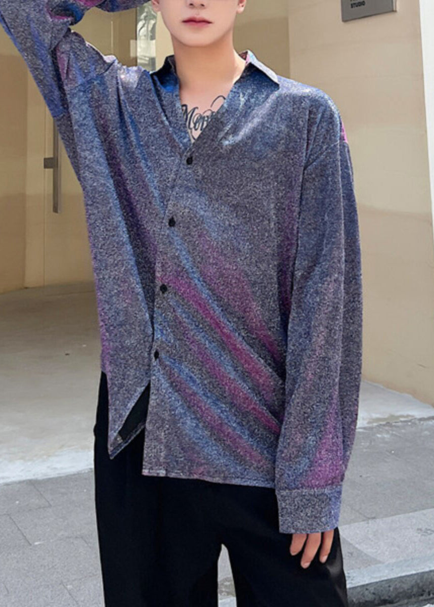 Cute Purple Oversized Print Cotton Men's Workwear Shirts Fall