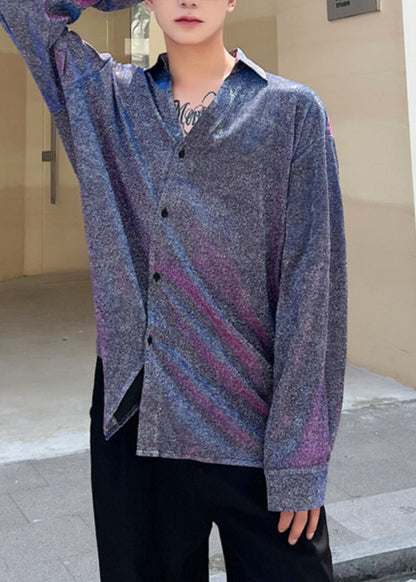 Cute Purple Oversized Print Cotton Men's Workwear Shirts Fall