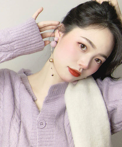 Lindos aretes colgantes de bola peluda de cristal dorado en plata esterlina morada