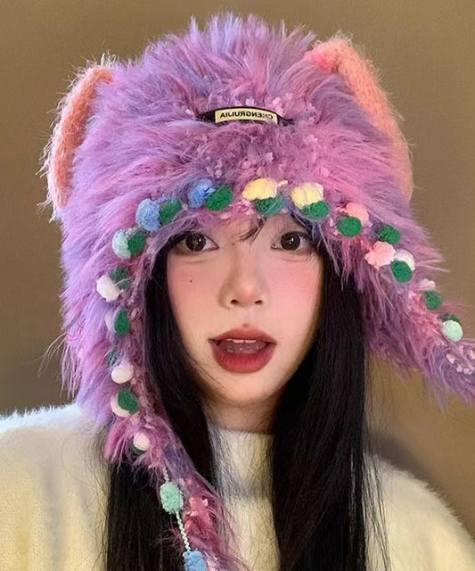 Lindo gorro de punto morado, grueso, cálido y peludo de Bonnie