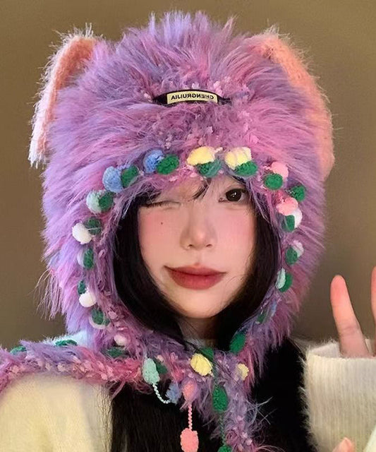 Lindo gorro de punto morado, grueso, cálido y peludo de Bonnie