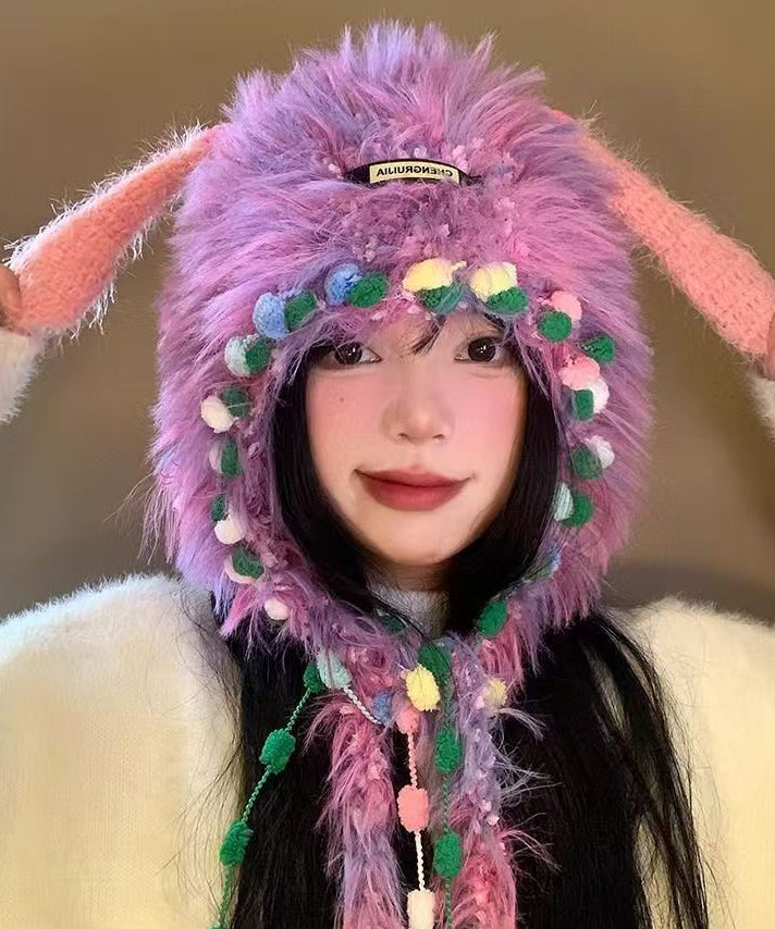 Lindo gorro de punto morado, grueso, cálido y peludo de Bonnie