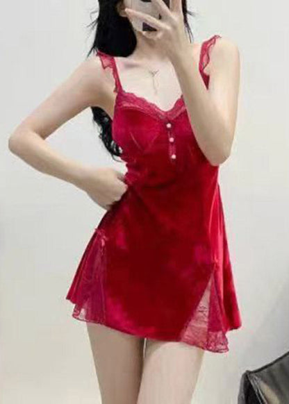 Cute Purple V Neck Patchwork Silk Velour Blended Cardigans And Slips Lingerie Sets