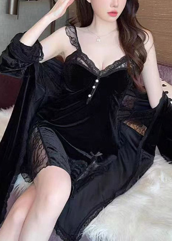 Cute Purple V Neck Patchwork Silk Velour Blended Cardigans And Slips Lingerie Sets