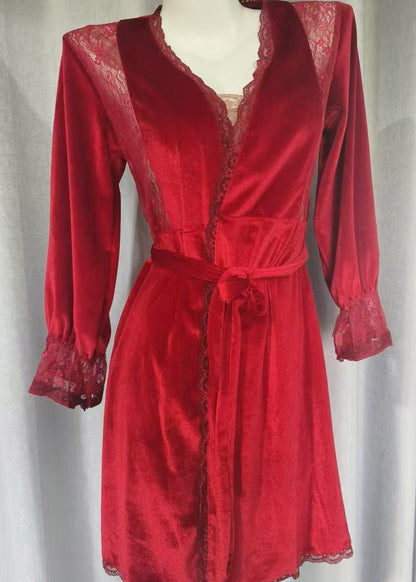 Cute Purple V Neck Patchwork Silk Velour Blended Cardigans And Slips Lingerie Sets