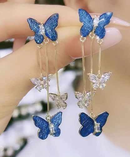 Lindos pendientes colgantes con borlas de mariposa de cristal de circonita de aleación morada