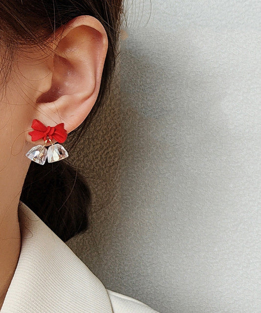 Cute Red Sterling Silver Crystal Bow Bell Drop Earrings