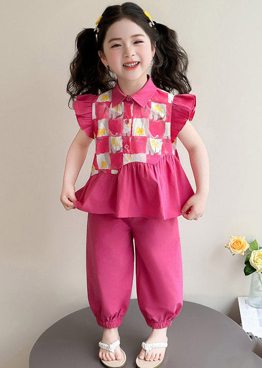 Cute Red Wrinkled Patchwork Kids Vest And Lantern Pants Two Pieces Set Short Sleeve
