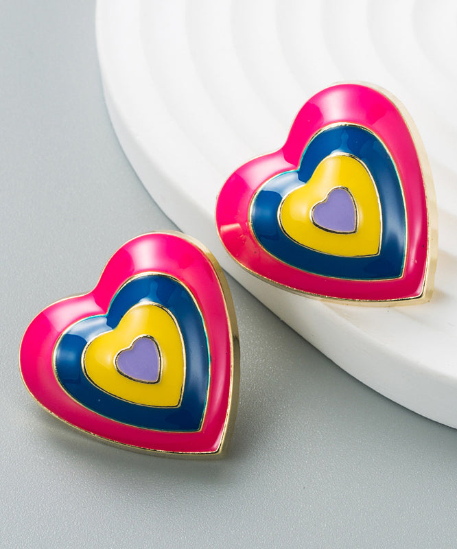 Lindos aretes tipo botón con diseño de patchwork de aleación de rosas y esmalte esmaltado