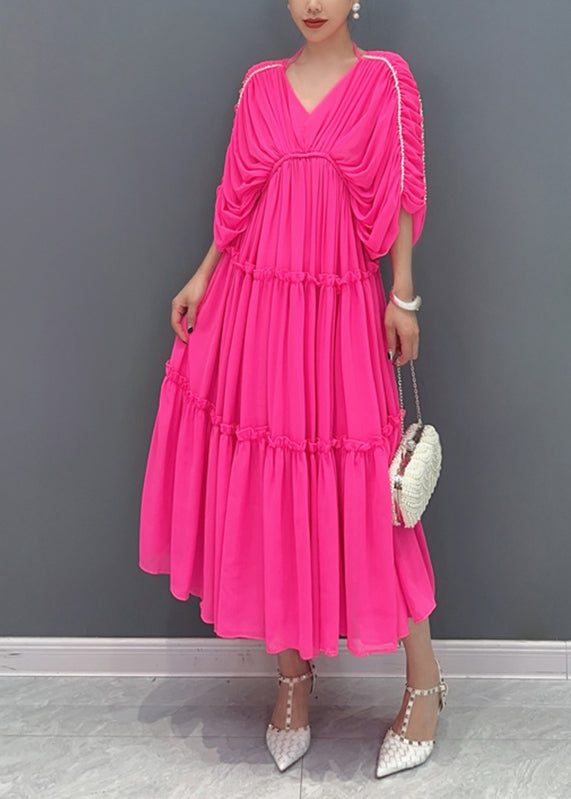 Cute Rose Ruffled Wrinkled Chiffon Long Dresses Half Sleeve