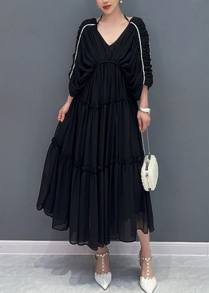 Cute Rose Ruffled Wrinkled Chiffon Long Dresses Half Sleeve