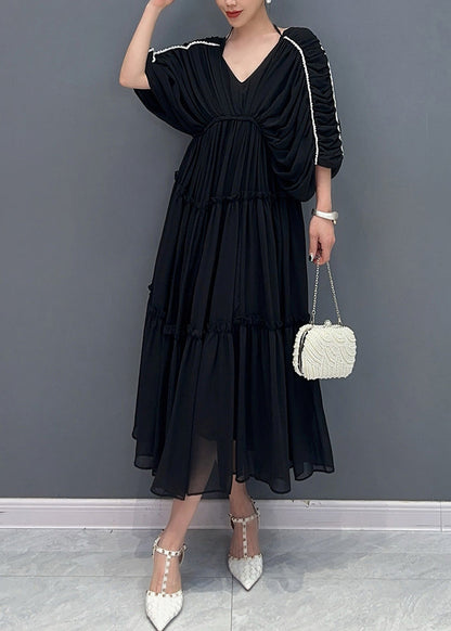 Cute Rose Ruffled Wrinkled Chiffon Long Dresses Half Sleeve