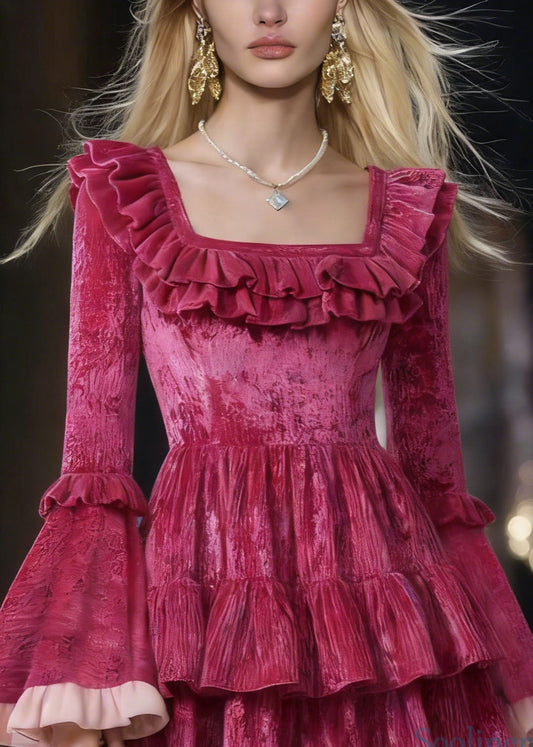 Cute Rose Square Collar Ruffled Patchwork Mini Dresses Flare Sleeve