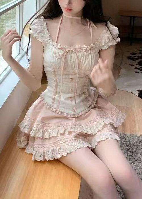 Cute Ruffled Lace Up Patchwork Cotton Two Pieces Set Summer