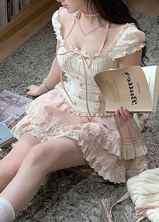 Cute Ruffled Lace Up Patchwork Cotton Two Pieces Set Summer