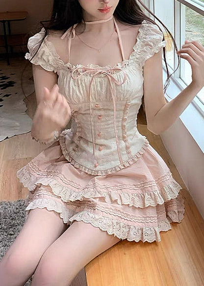 Cute Ruffled Lace Up Patchwork Cotton Two Pieces Set Summer