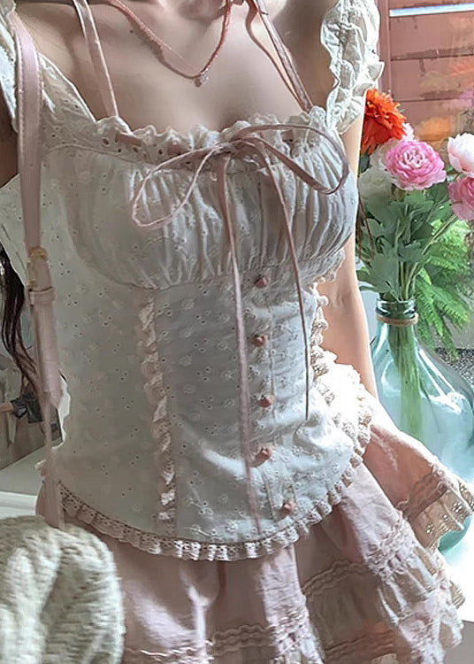 Cute Ruffled Lace Up Patchwork Cotton Two Pieces Set Summer