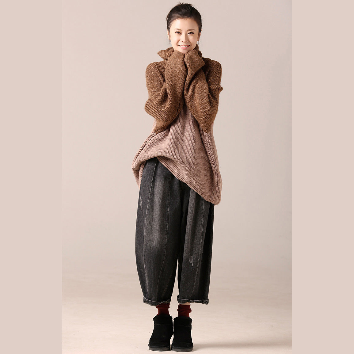 Süße Pullover Wetter Plus Größe High Neck Khaki übergroßen Strickwaren Patchwork